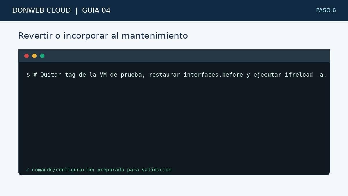 Paso 6: quitar la etiqueta de la VM de prueba, restaurar el archivo de interfaces respaldado y recargar la red