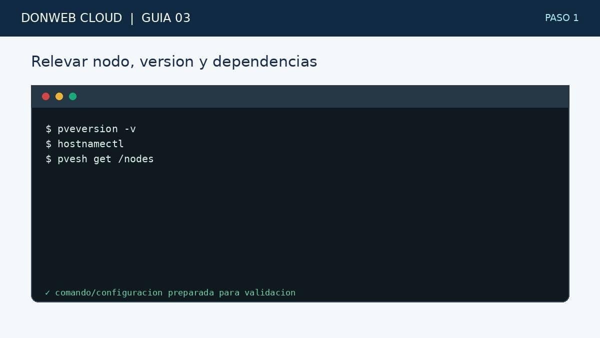 Terminal simulada con la accion del paso 1: Relevar nodo, version y dependencias