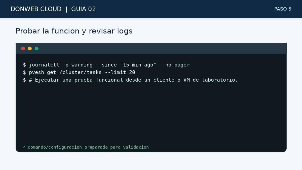 Figura tecnica DonWeb Cloud Terminal simulada con la accion del paso 5: Probar la funcion y revisar logs
