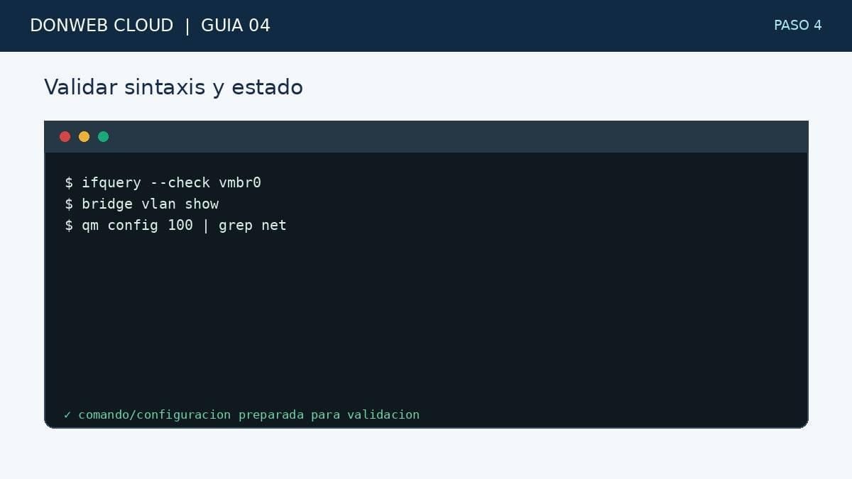 Paso 4: validar la sintaxis con ifquery y comprobar las VLAN del bridge y la configuración de la VM de prueba