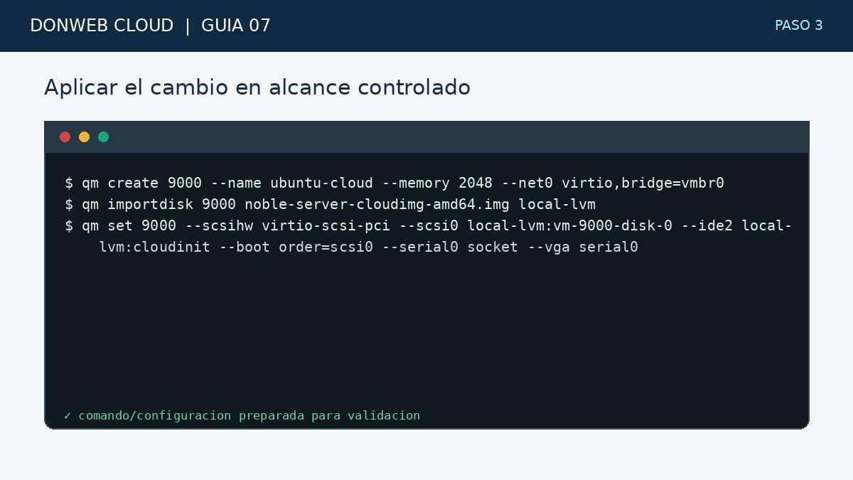 Figura tecnica DonWeb Cloud Paso 3: importar la imagen cloud, asociar el disco cloud-init y configurar la consola serie de la VM