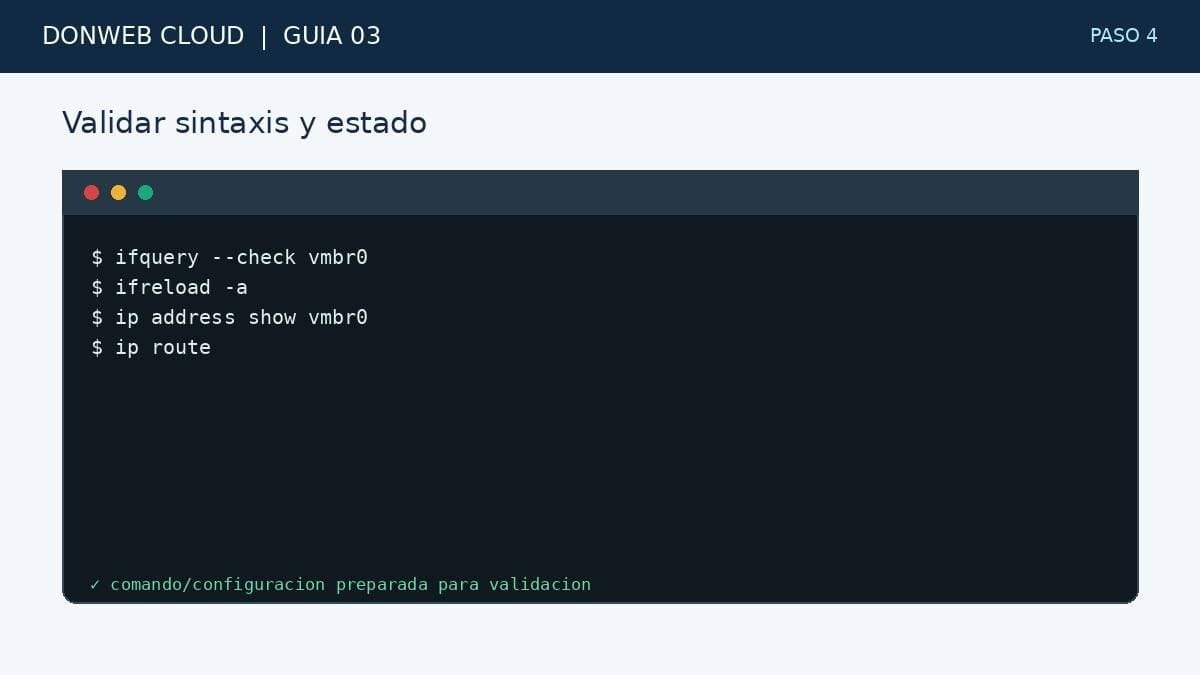 Terminal simulada con la accion del paso 4: Validar sintaxis y estado