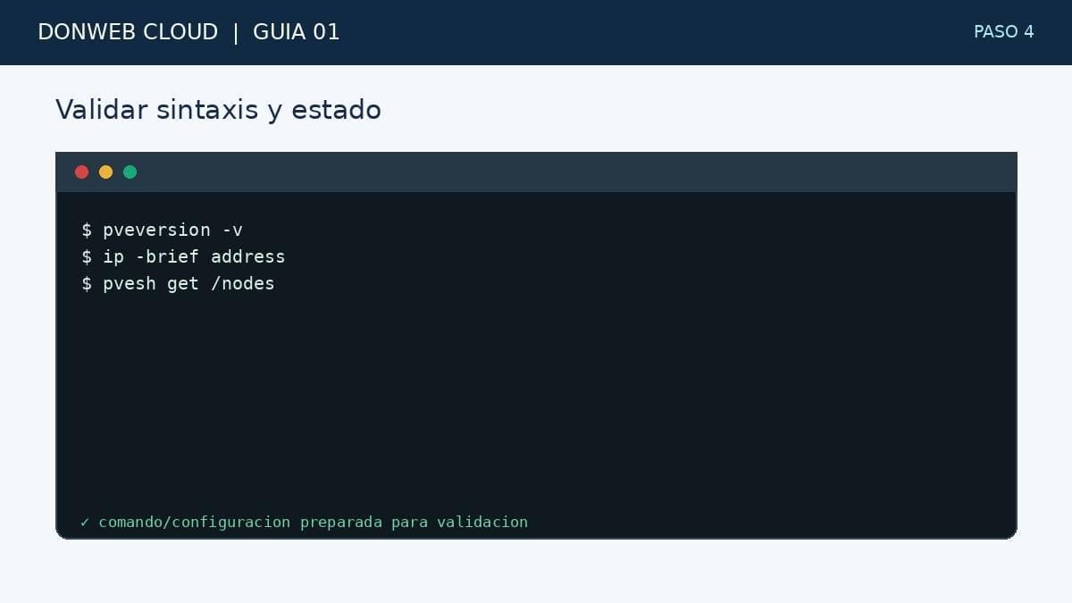 Terminal simulada con la accion del paso 4: Validar sintaxis y estado