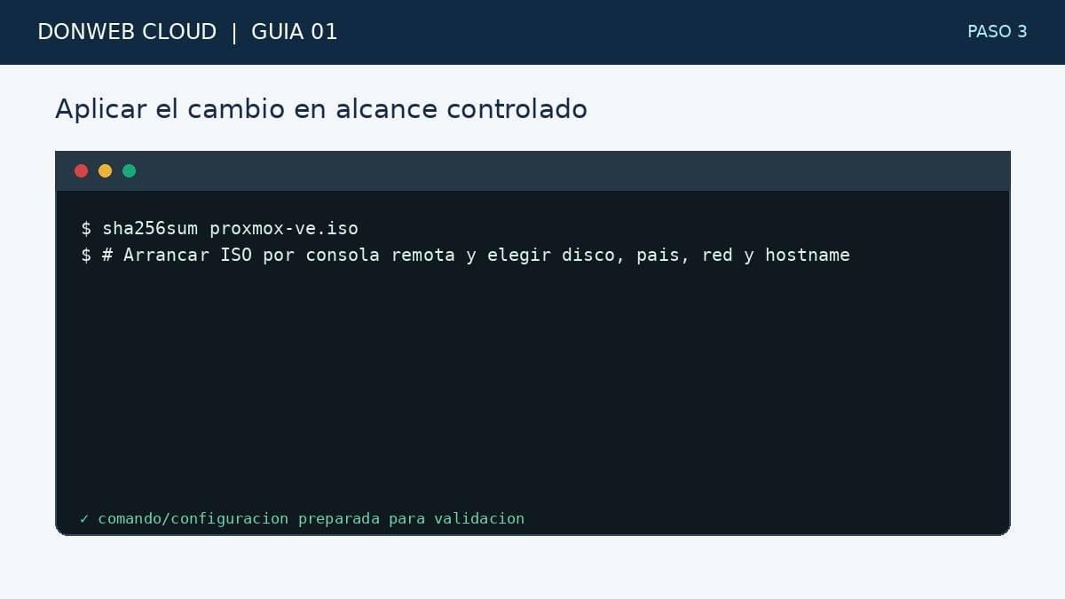 Terminal simulada con la accion del paso 3: Aplicar el cambio en alcance controlado