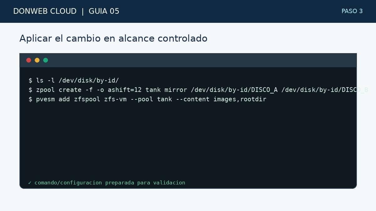 Paso 3: crear el pool en espejo con ashift fijado y los discos identificados por by-id, y darlo de alta con pvesm