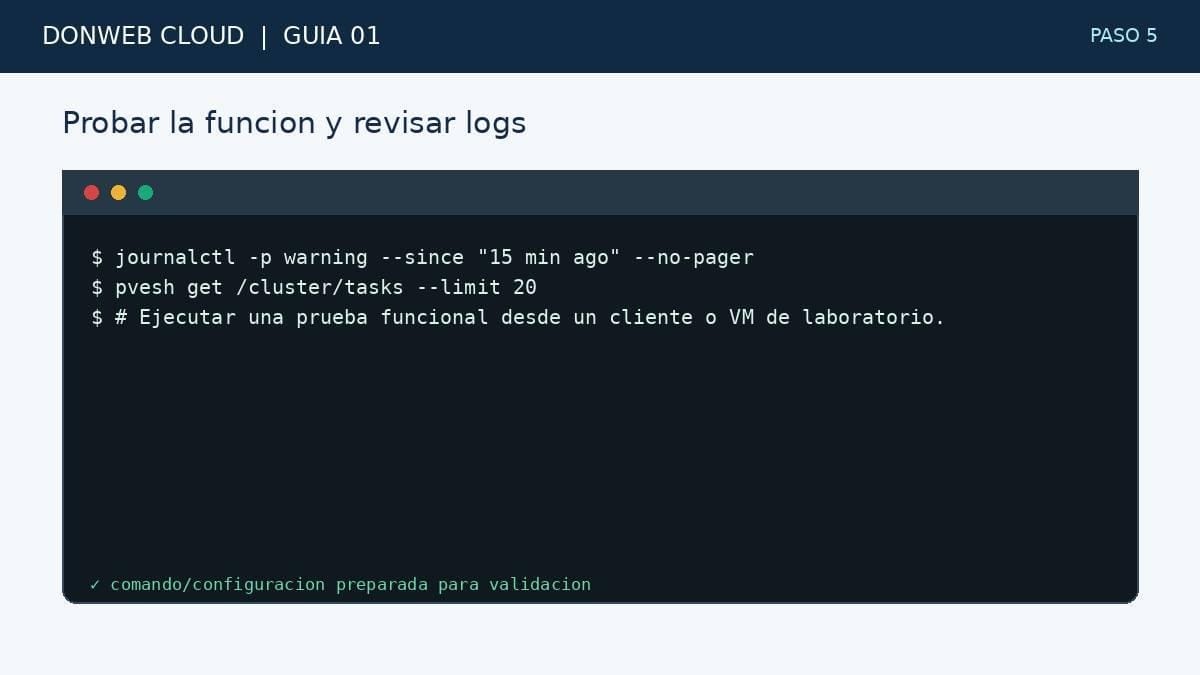 Terminal simulada con la accion del paso 5: Probar la funcion y revisar logs