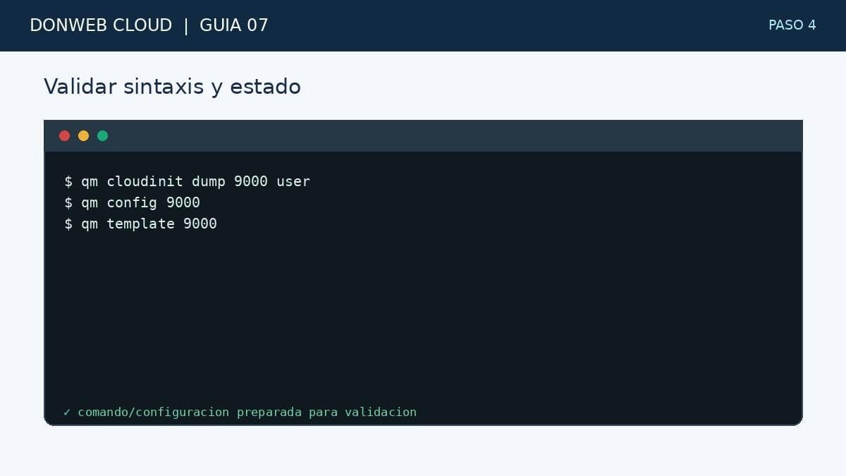 Figura tecnica DonWeb Cloud Paso 4: validar la configuración con qm config y qm cloudinit dump antes de convertirla en plantilla