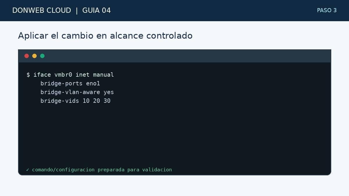 Paso 3: marcar el bridge como VLAN-aware y acotar los identificadores de VLAN permitidos en lugar de dejarlo abierto