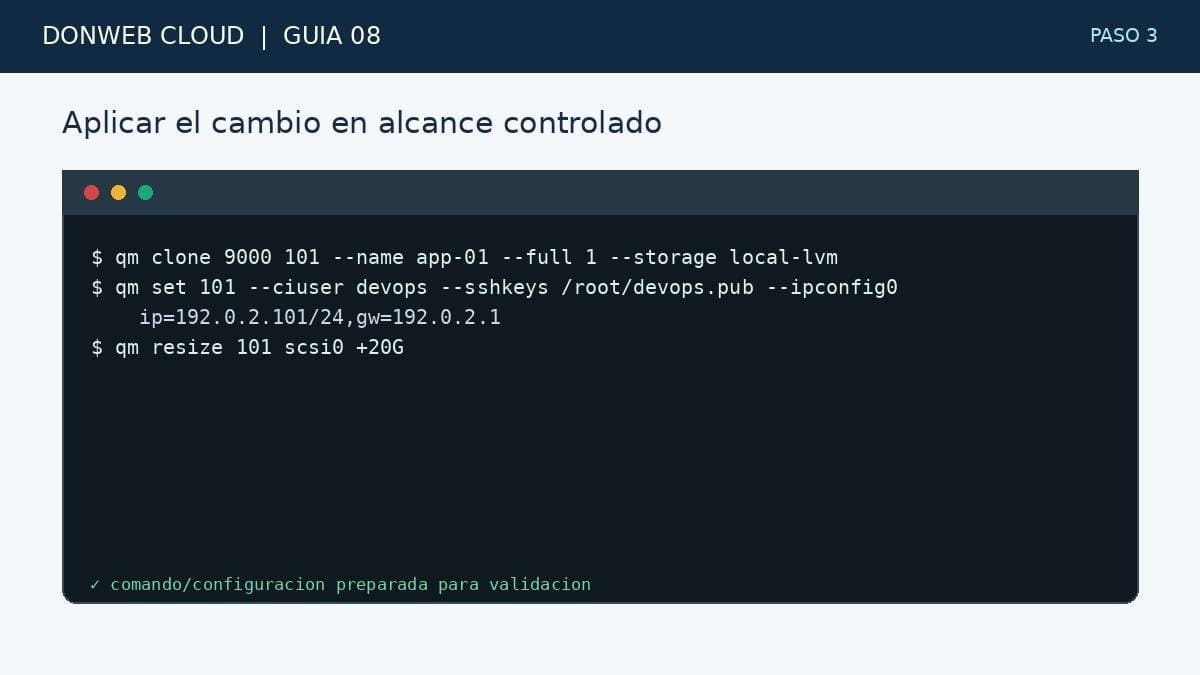Paso 3: clonar la plantilla con qm clone en modo completo y ajustar usuario, clave SSH e IP con cloud-init