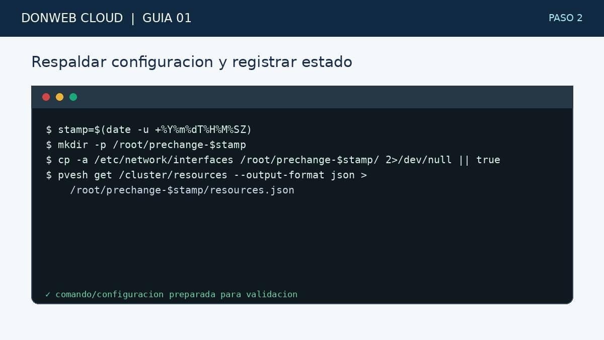 Terminal simulada con la accion del paso 2: Respaldar configuracion y registrar estado
