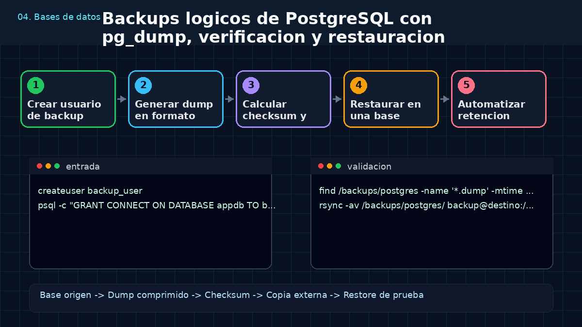 Aprende a crear Backups lógicos de PostgreSQL con pg_dump: verificación y restauración controlada