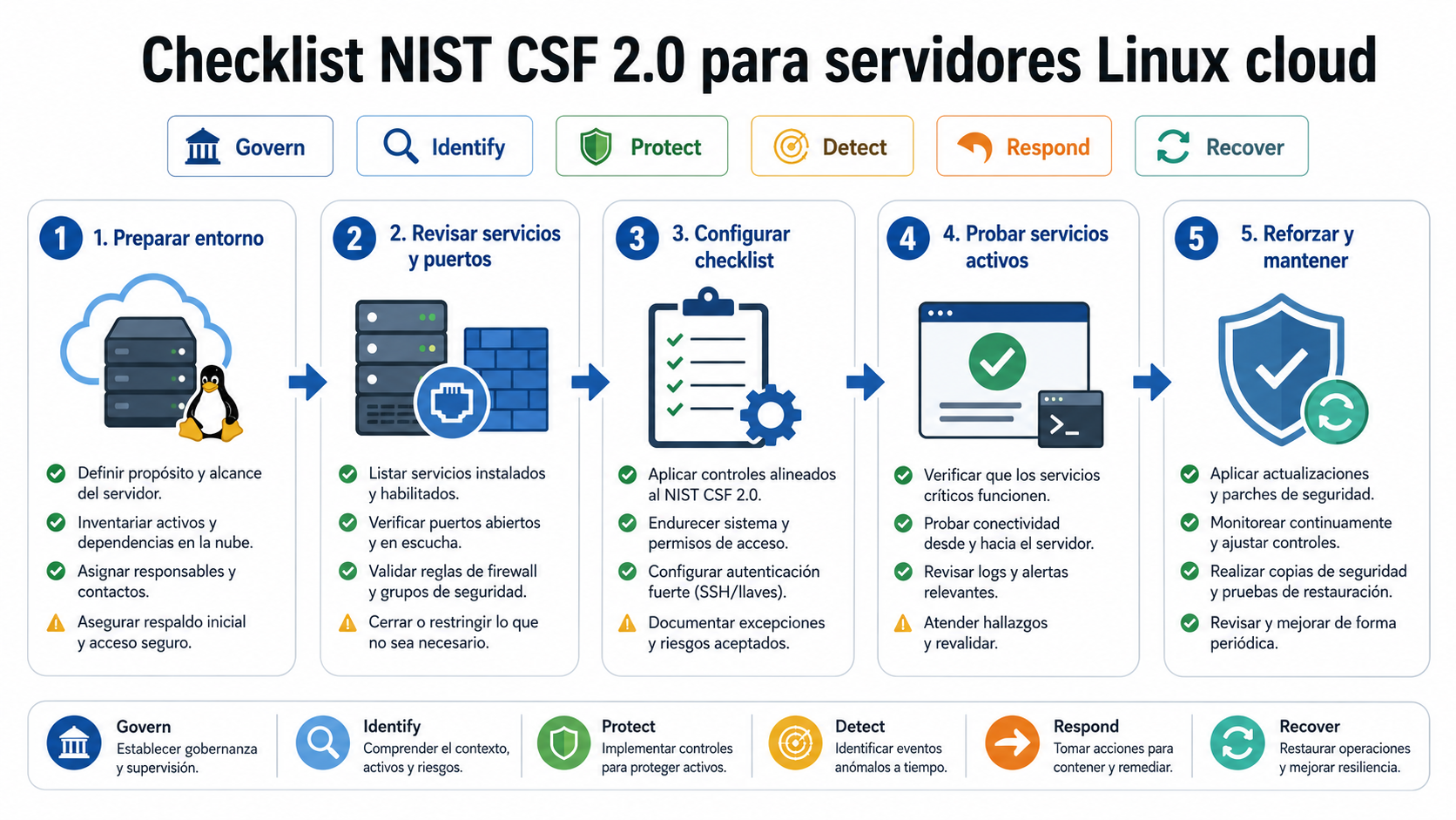 Aprend a implementar la Checklist NIST CSF 2.0 para servidores cloud Linux