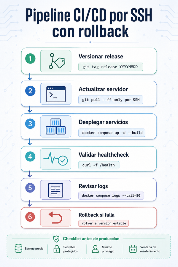 Pipeline CI/CD por SSH con rollback y healthcheck